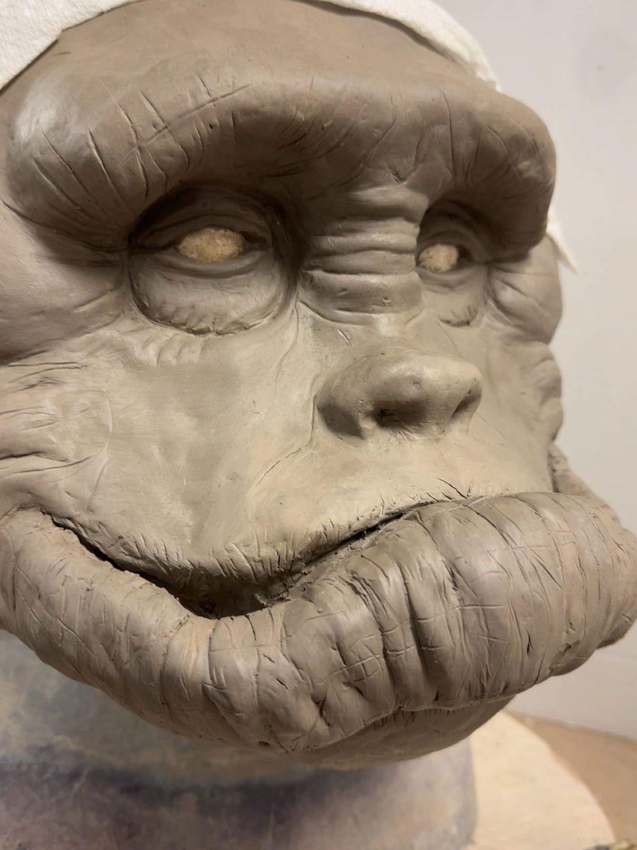 Close-up of a clay sculpture resembling a thoughtful primate face.