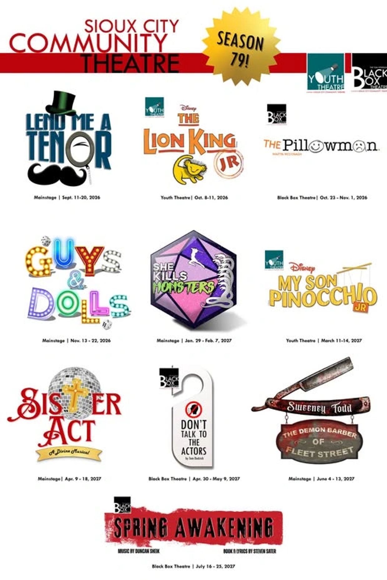 Sioux City Community Theatre season 79 show lineup poster.
