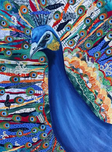 QUEENIE THE PEACOCK
Fabric and Acrylic 
24" X 18"
ORIGINAL - SOLD
PRINTS AVAILABLE