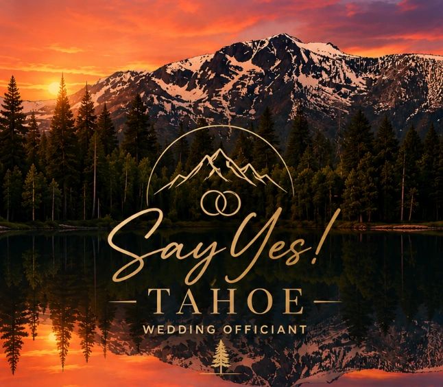Sunset over snowy mountains with 'Say Yes! Tahoe Wedding Officiant' text overlay.