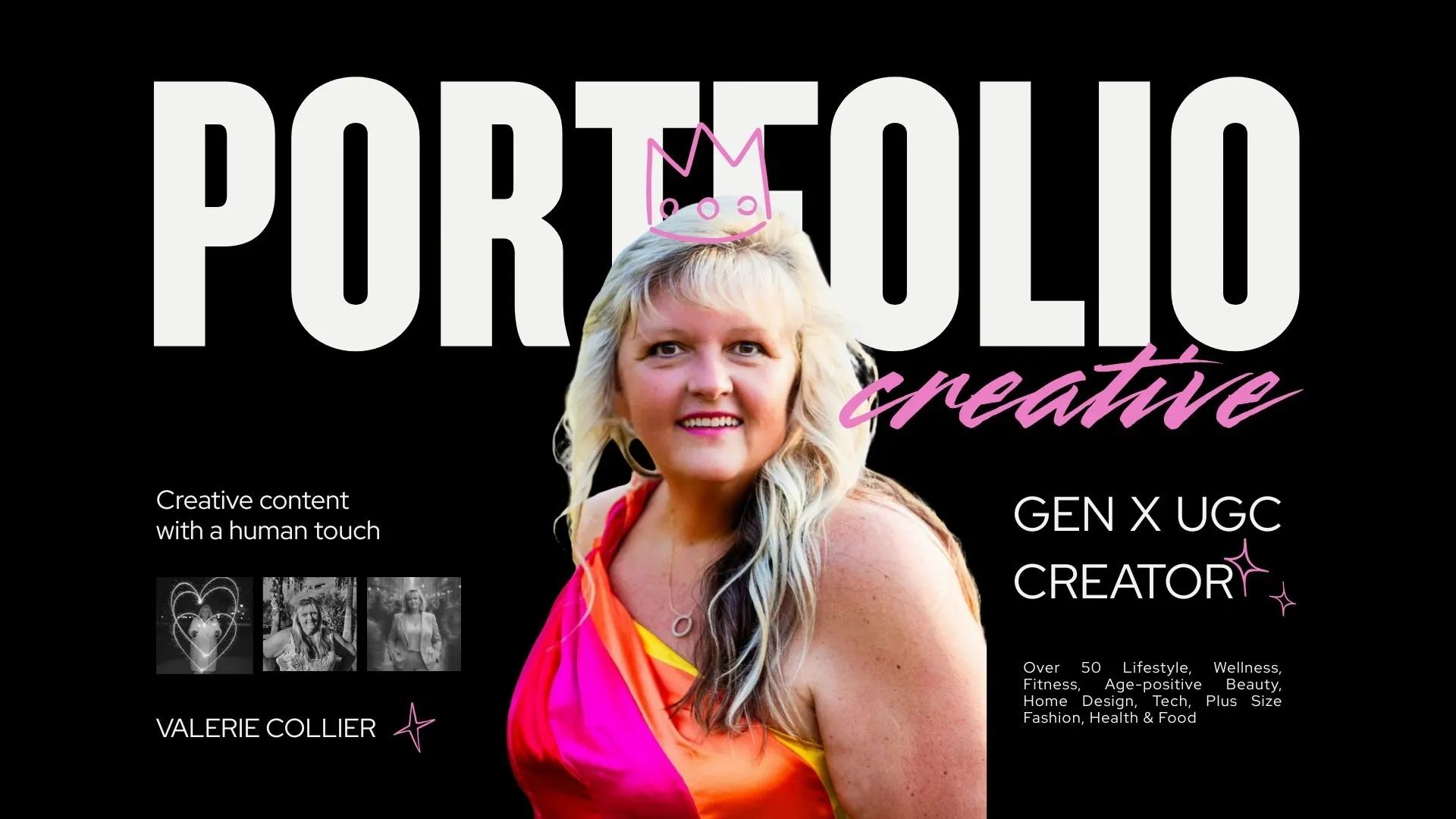 Creative portfolio cover featuring Valerie Collier, a Gen X UGC creator.