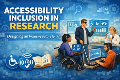 Illustration titled “Accessibility Inclusion in Research” showing diverse researchers and research p