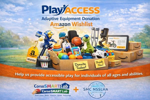 PlayACCESS Amazon Wishlist graphic with adaptive toys and SMART Lab, SMC NSSLHA logos included below