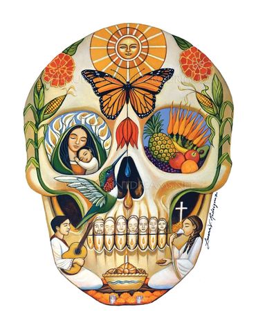 Dia de Los Muertos Story.  Day of the Dead Skull with a hummingbird.