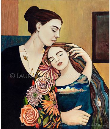 Art by Laura V. Rodriguez, Mother and Child with hair of flowers and hummingbird