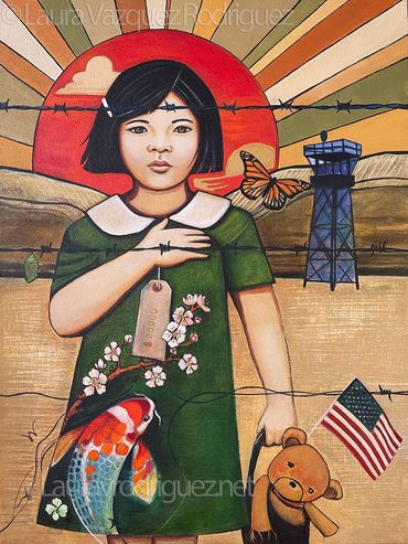 The Great Betrayal by Laura Vazquez Rodriguez.  child pledging allegiance with  flag , 