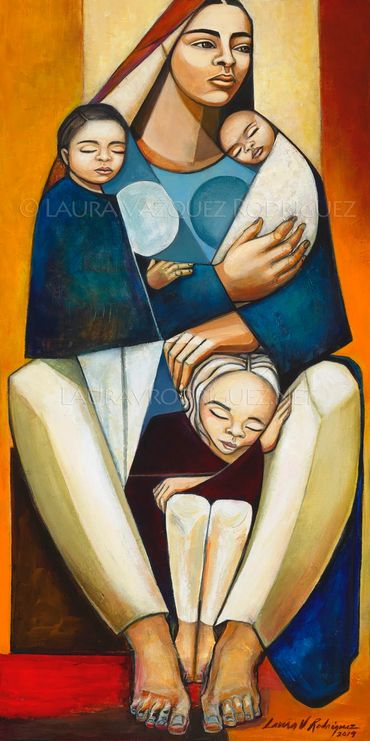 Painting by Laura V. Rodriguez, Inseparable, mother with  three children united as one.
