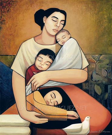 Art by Laura V. Rodriguez, Mother & 3 Children with Dove. Art inspired by Gabriela Mistral 