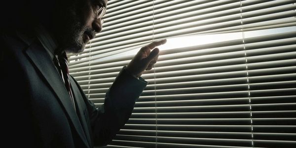 Person looking through horizontal blinds