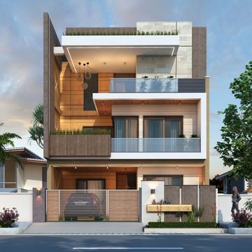 Modern three-story house with glass balconies and a sleek design.