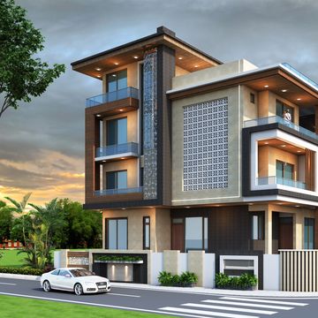 Modern three-story house with contemporary design and large windows.
