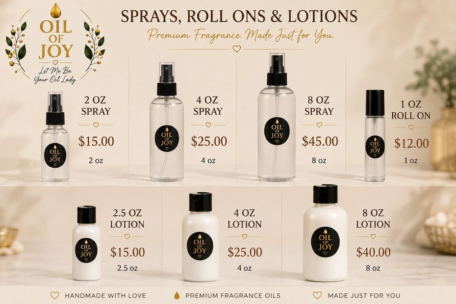 Oil of Joy sprays, roll ons, and lotions with premium fragrances in various sizes and prices.