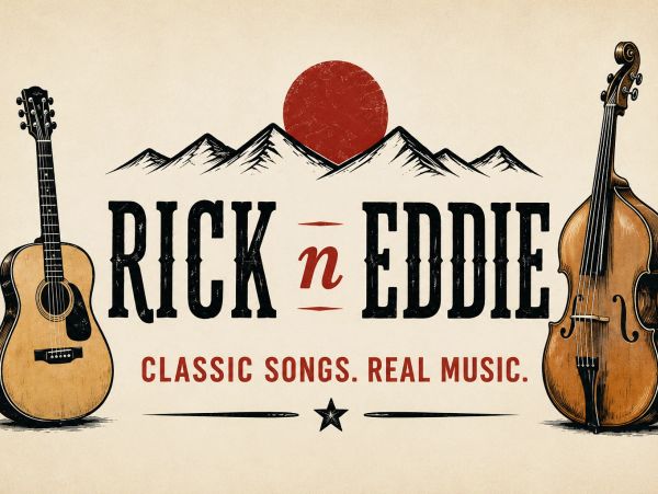 Vintage music poster featuring guitar and double bass with the text 'Rick n Eddie'.