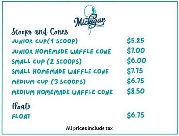 Ice cream menu with prices for scoops, cones, and floats at Michigan.