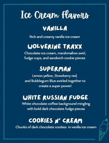 List of unique ice cream flavors with creative descriptions.