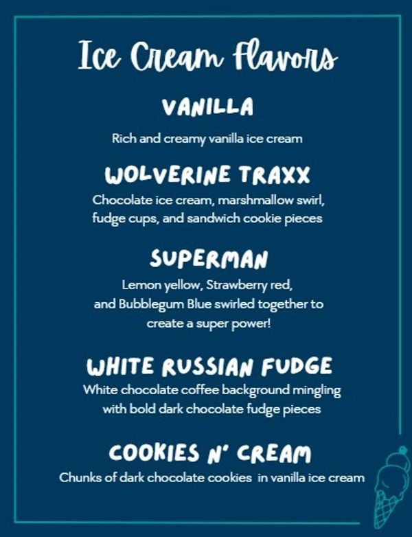 List of unique ice cream flavors with creative descriptions.