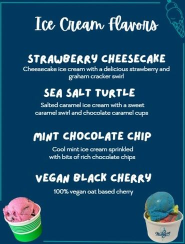Menu displaying four unique ice cream flavors with descriptions and colorful scoops.