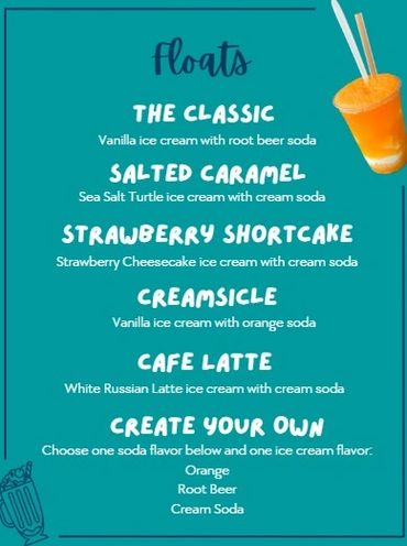 Menu listing various ice cream floats with different soda combinations.