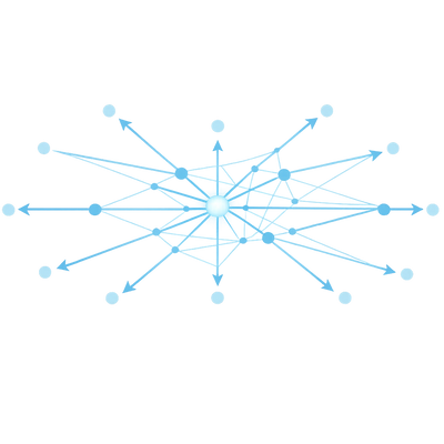A central glowing node with interconnected blue lines and nodes in a 3D network structure.