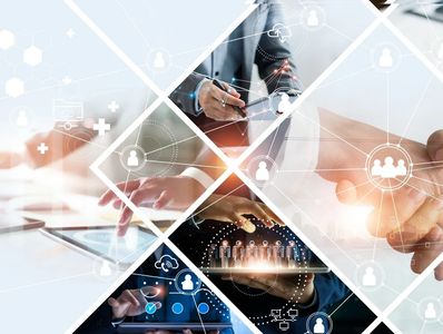 Business professionals collaborating with digital technology and network icons.