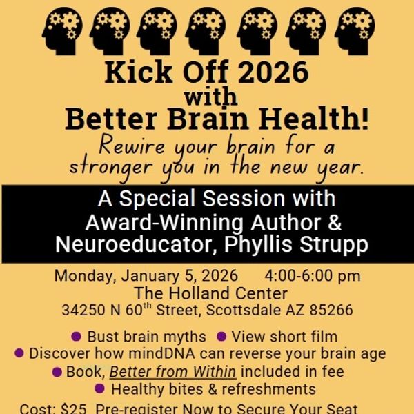 Event flyer for a brain health session with Phyllis Strupp in 2026.