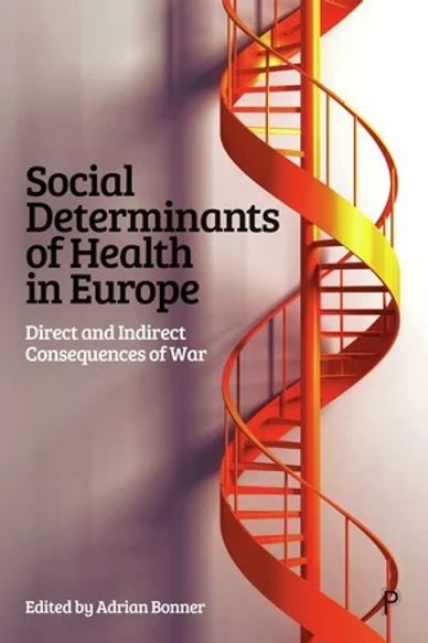 Book cover with a spiral staircase and title on social health determinants in Europe.