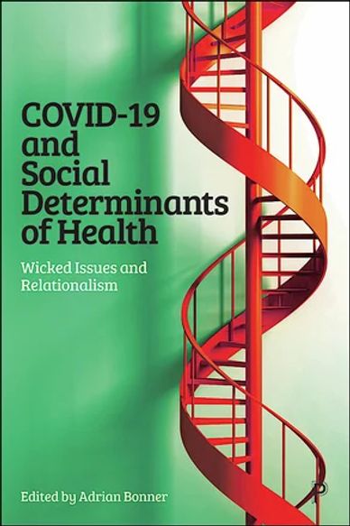 Book cover on COVID-19 and social determinants of health with a red spiral staircase.