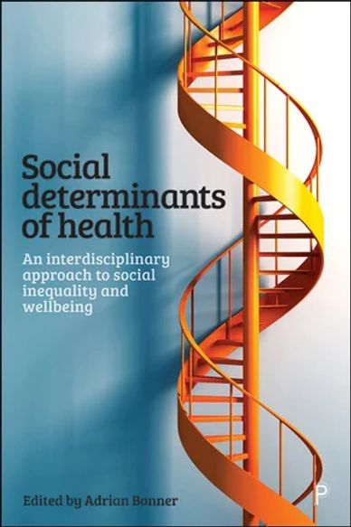 Book cover titled 'Social determinants of health' with an orange spiral staircase.