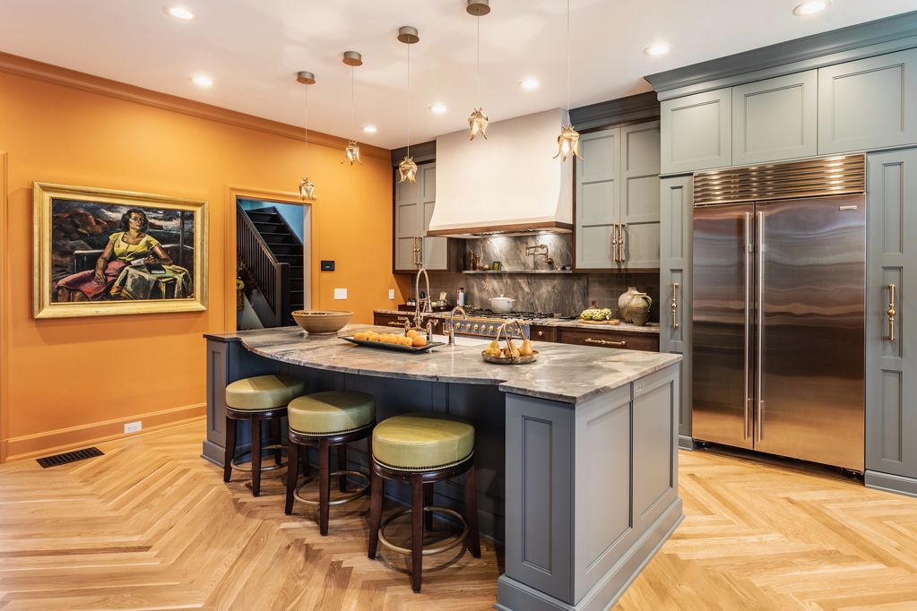 Blue Cabinetry, Island, Custom Cabinetry, Pendant Lights, Kitchen, Orange Kitchen