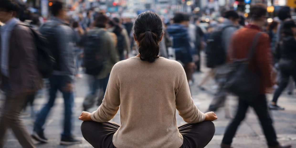 Person meditating calmly in busy city street.