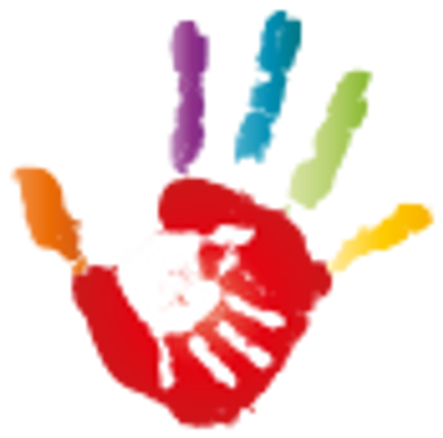 Colorful handprint with a smaller white hand inside a red palm.
