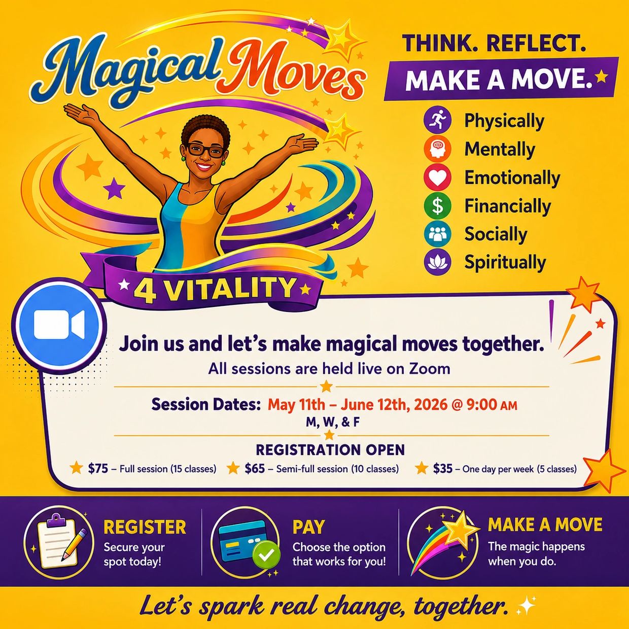 Magical Moves 4 Vitality Zoom sessions promoting holistic wellness from May to June 2026.