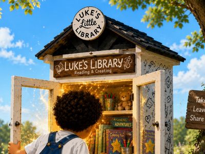 A child explores Luke's Little Library filled with books and toys outdoors.