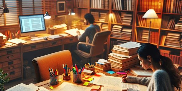 Woman editor working at a cluttered desk. A man sitting at a desk in the background, reading.