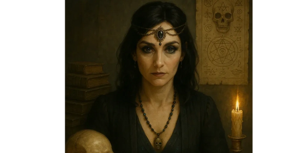 A mysterious woman sits in a candlelit study surrounded by old books, parchment, and a human skull. 