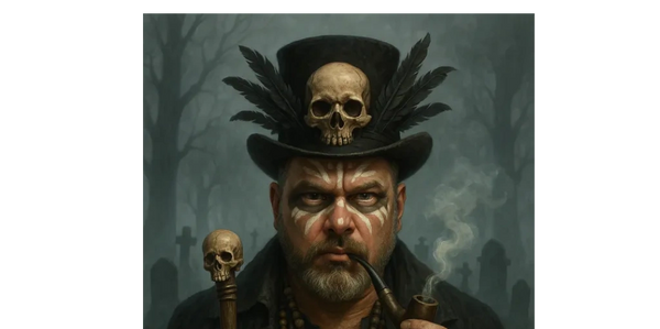 A bearded man stands in a misty graveyard, wearing a black coat smoking a pipe.