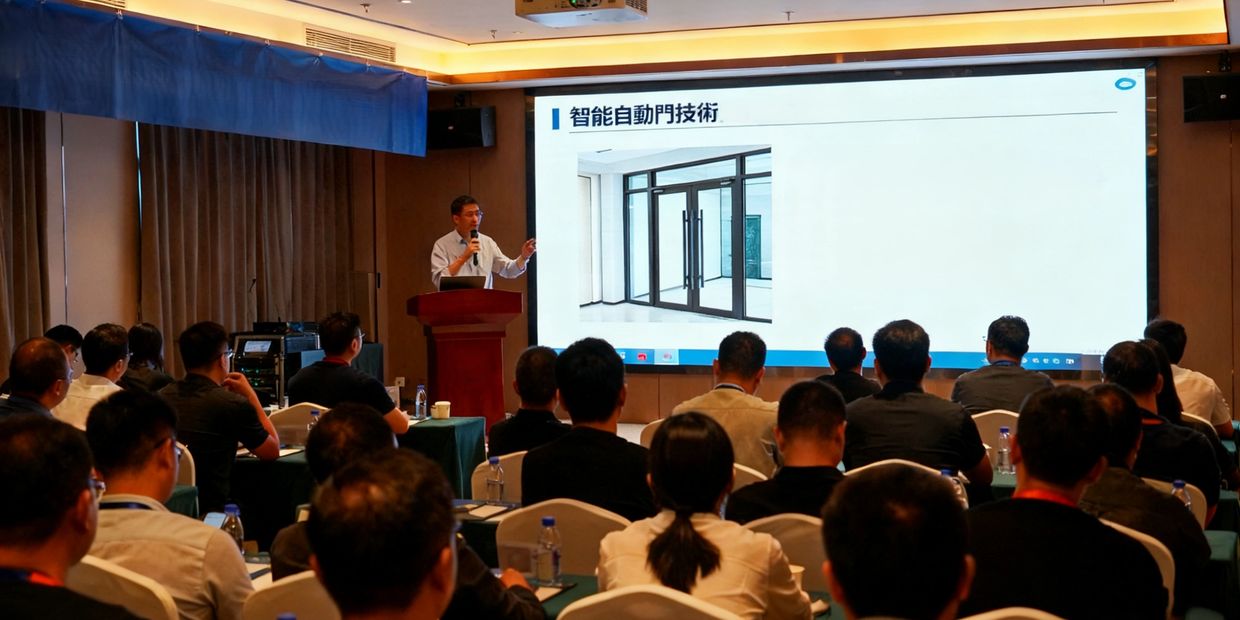 A man presents smart automatic door technology to an attentive audience in a conference room.