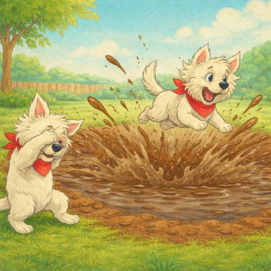 Two playful puppies splashing in a muddy puddle on a sunny day.