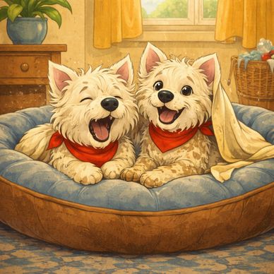 Two happy dogs with red bandanas lounging on a cozy bed indoors.