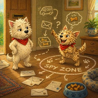 Two dogs in a room with a spy zone and clues drawn on the floor and wall.