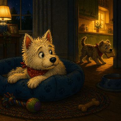 Two animated dogs in a cozy dim-lit home setting.