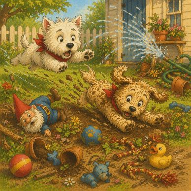 Two playful puppies frolic in a garden filled with toys and a garden gnome.