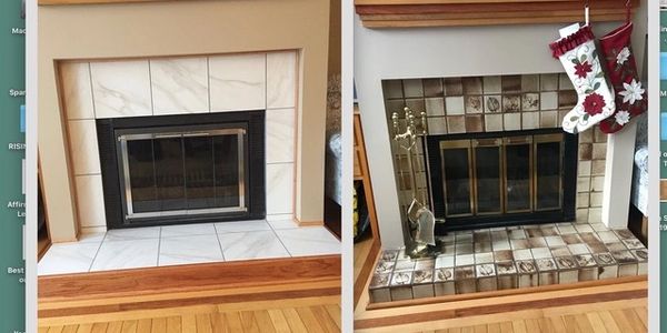 Left photo updated tile and trim around fireplace; on the right is the original 1980's  3x3 tile