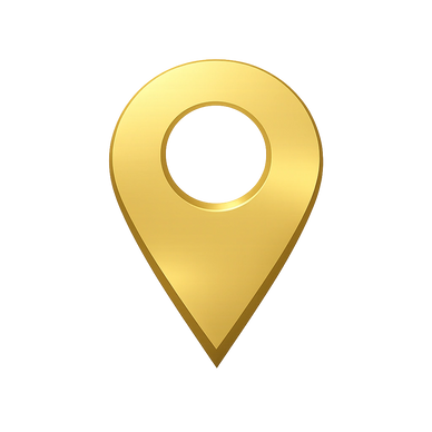Golden 3D location pin icon on a gray background.