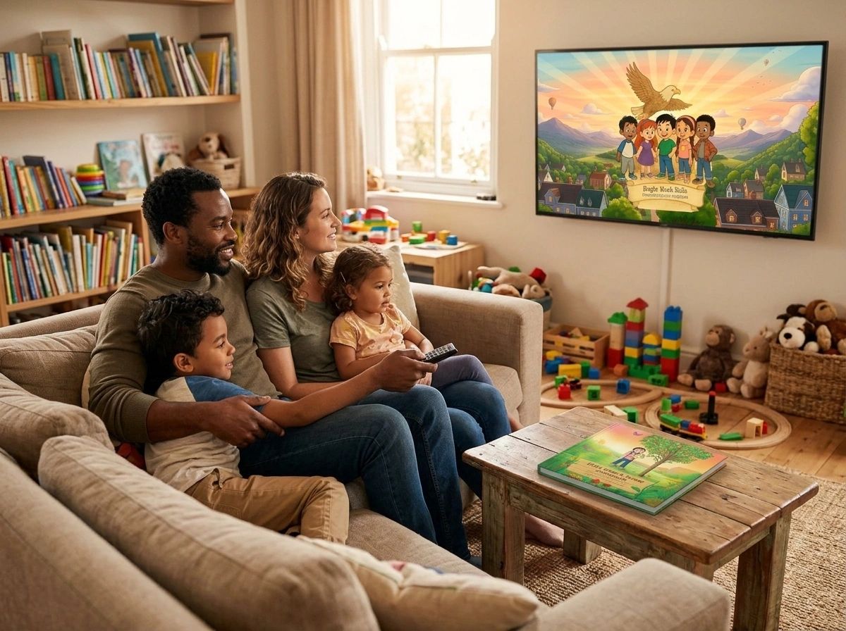 Family sitting on the couch watching Eagle Rock Kids on tv.