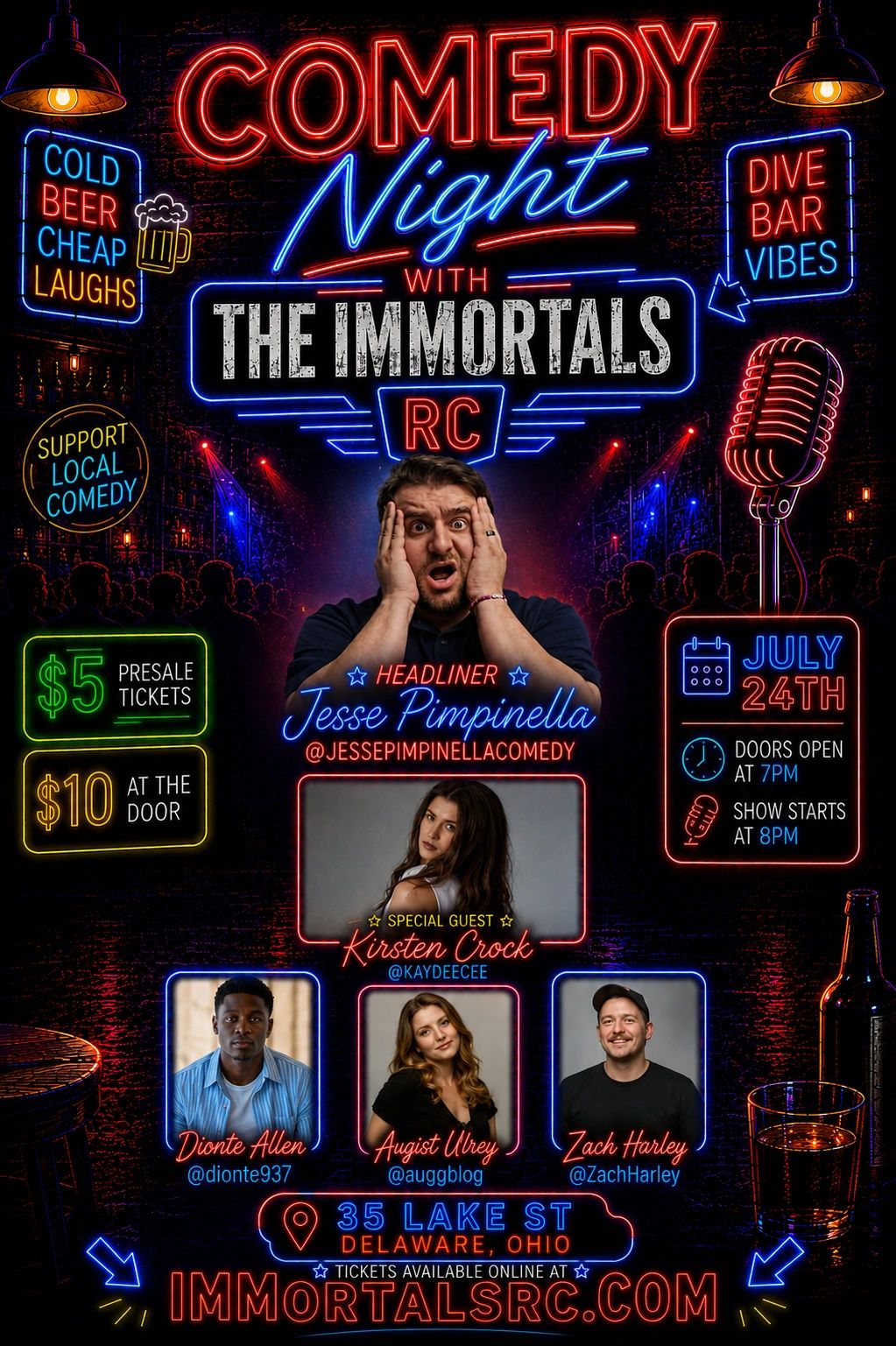 Neon-lit comedy night poster featuring headliner Jesse Pimpinella and special guest Kirsten Crock.