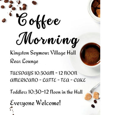Coffee morning event at Kingston Seymour Village Hall every Tuesday with drinks and cake.