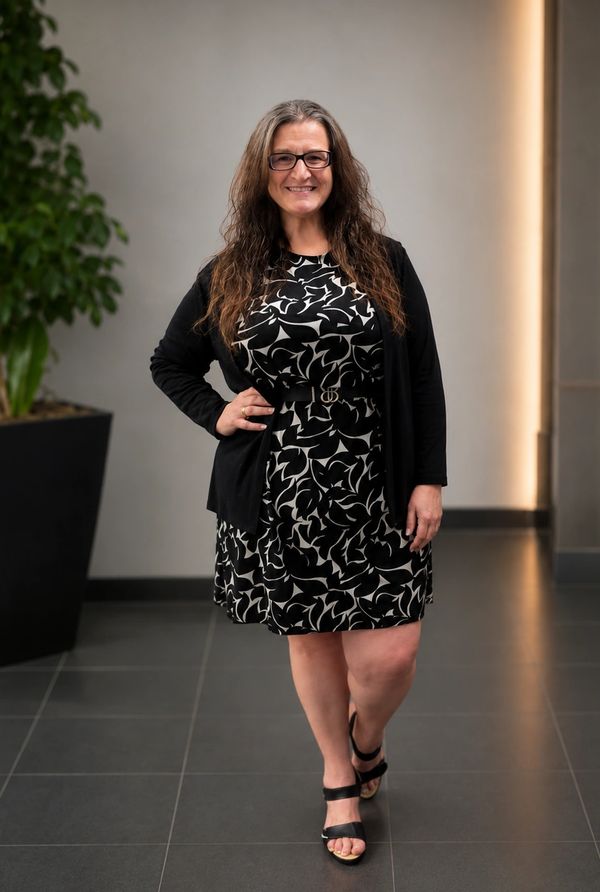 Smiling woman in a black and white patterned dress and black cardigan.