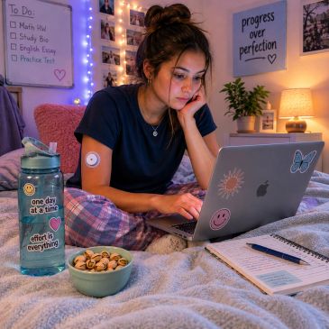 Young woman studying late in cozy bedroom with laptop and snacks.