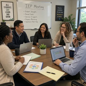A diverse group of educators collaborating in an IEP meeting around a table with laptops.